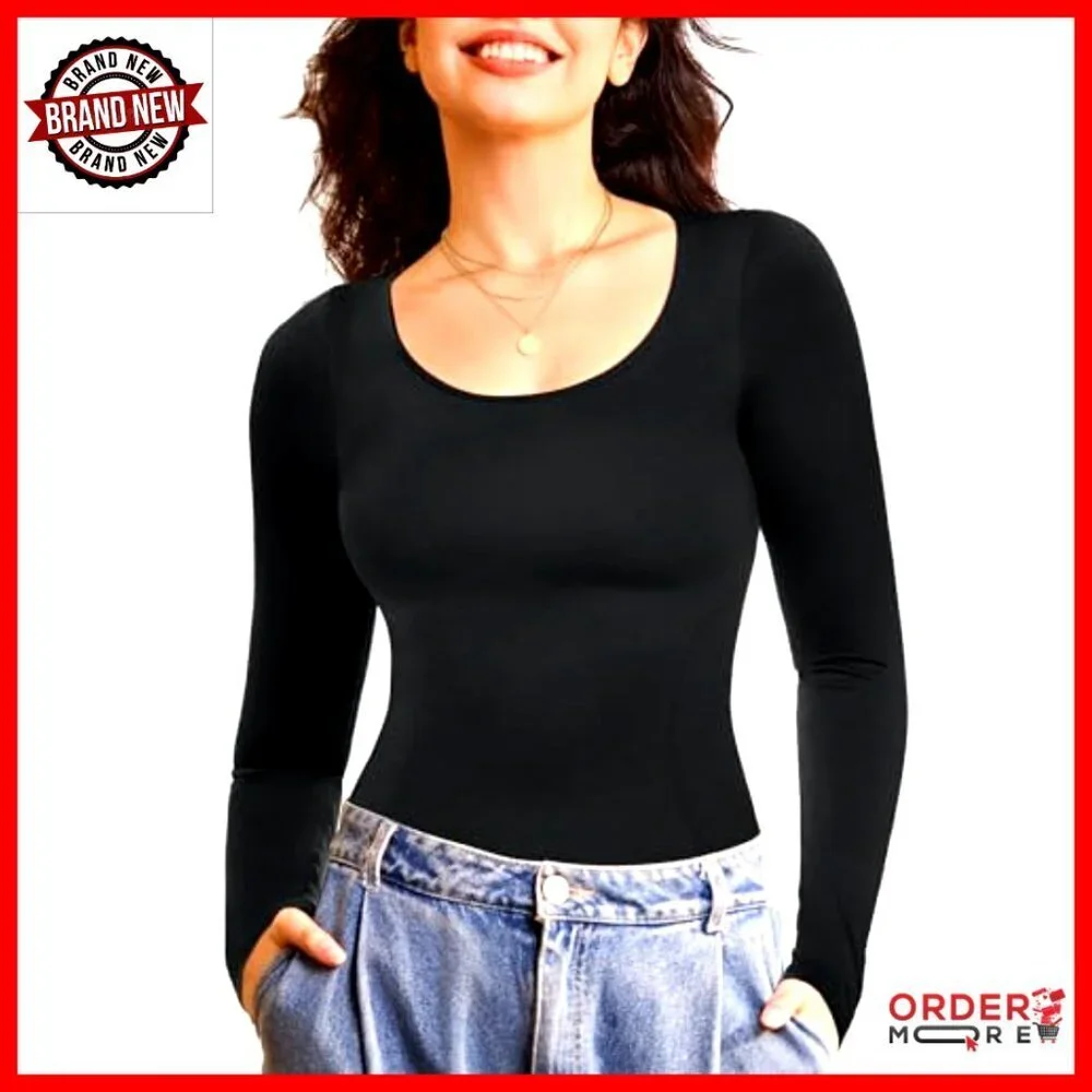 Seamless Tummy Control Long Sleeve Top Compression Shapewear Scoop Neck
